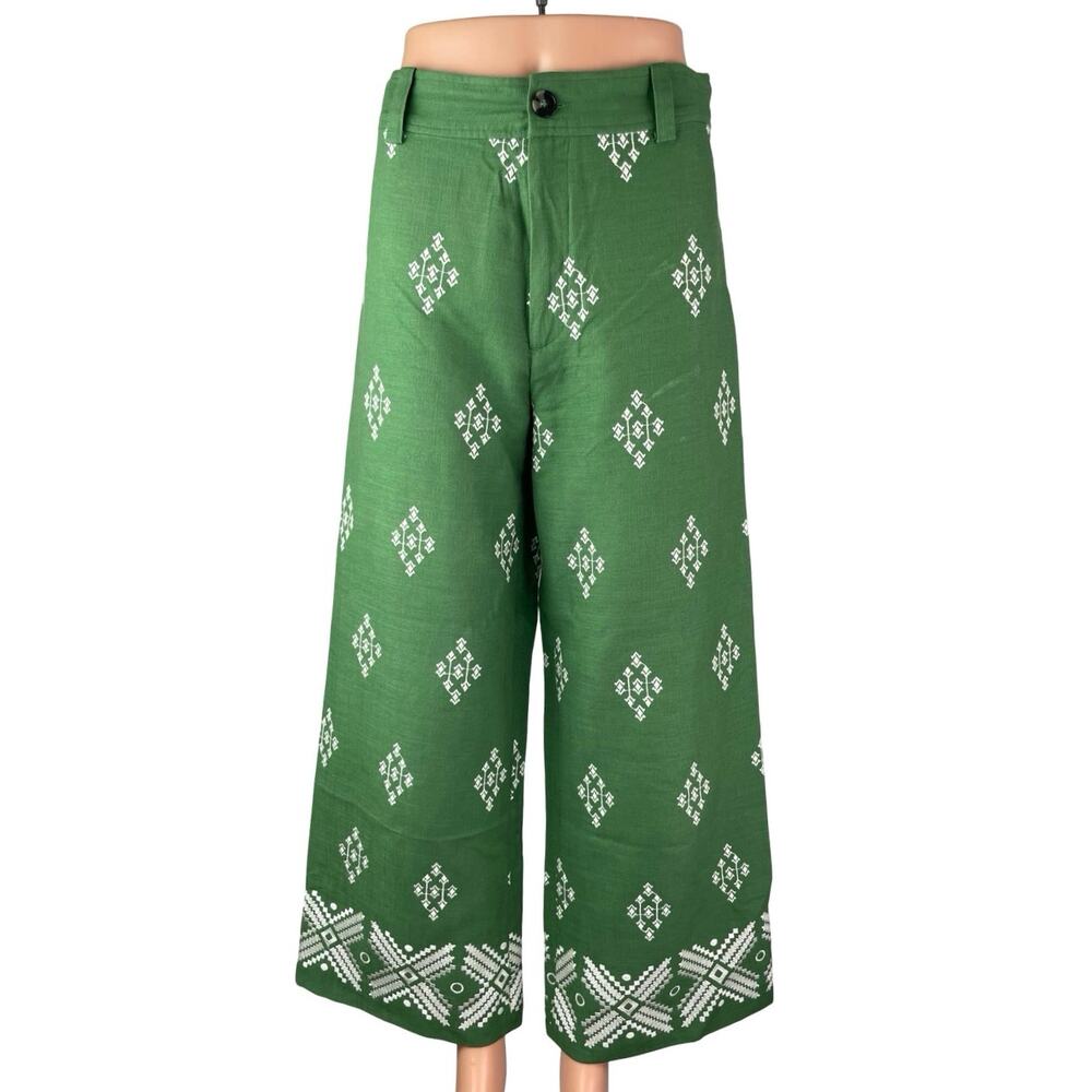 Zara Women's Green White Linen Embroidered High Rise Crop Wide Leg Trousers S